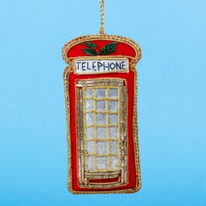 London Telephone Box Zari Embroidery Hanging Decoration Festive Ornament Christmas Tree Xmas Vintage Inspired Zari Beaded London Beaded Red image 1