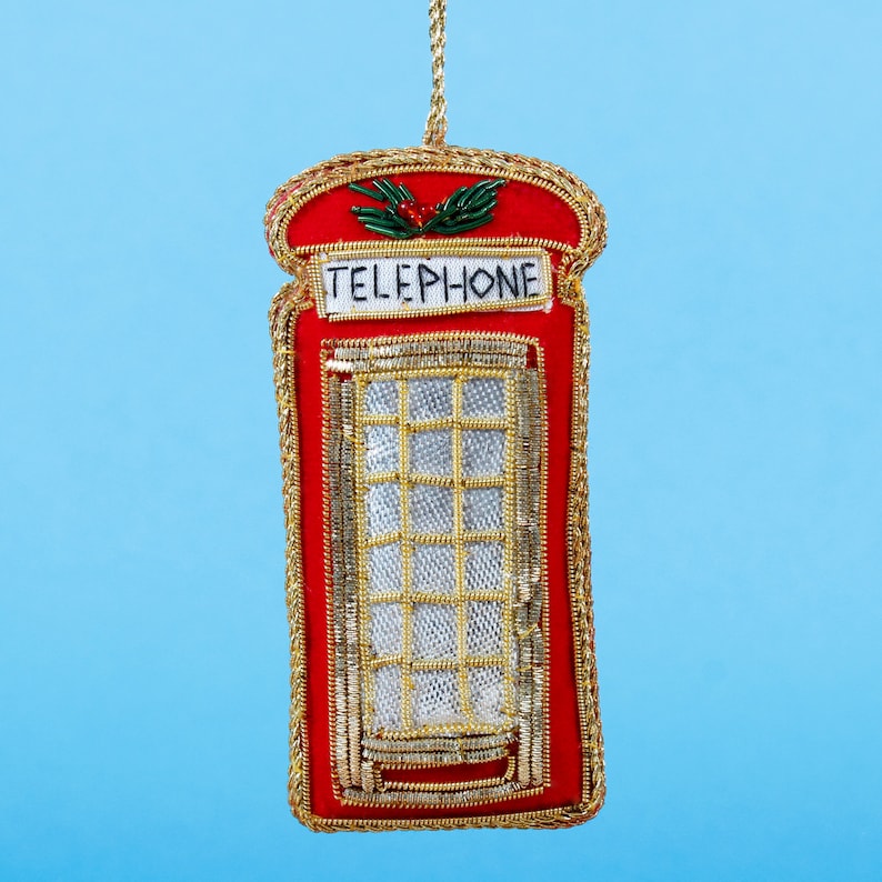 London Telephone Box Zari Embroidery Hanging Decoration Festive Ornament Christmas Tree Xmas Vintage Inspired Zari Beaded London Beaded Red image 1