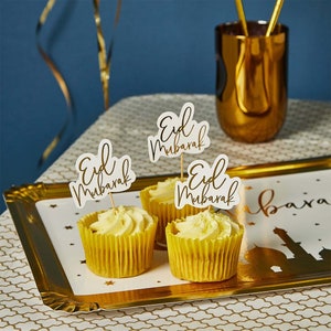 Eid Mubarak Goldfolie Cupcake Picks 12er Pack Kuchen Topper zum Backen von Kuchen und Essen für Eid Party Feiern Party Zubehör