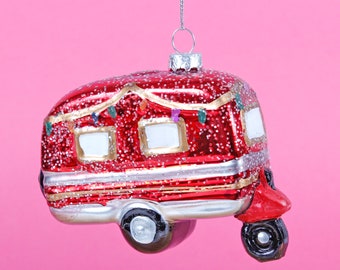 Retro Caravan Shaped Bauble Hanging Decoration Festive Red Ornament Christmas Tree Xmas Glass Vintage Campers Glitter Gift