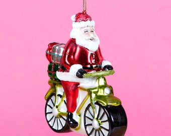 Santa Riding A Bicycle Glass Decor Christmas Tree Hanging Decoration Festive Novelty Ornament Holiday Gifts Xmas Gift Red White