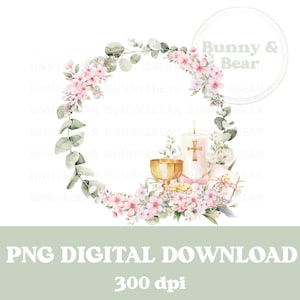 Corona rosa de primera comunión PNG, diseño de sublimación de comunión, diseño de tarjeta de comunión, clipart cristiano, descarga digital instantánea