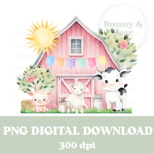 Grange rose & animaux de la ferme PNG, conception de sublimation de tee d'anniversaire, anniversaire de filles, ferme rose, sublimation de ferme mignonne, téléchargement numérique instantané