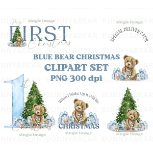 Christmas Blue Bear Clipart Set, PNG, Christmas Teddy Bear, Santa Sack Design, First Christmas Sublimation, Instant Digital Download