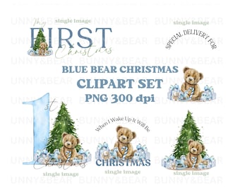 Weihnachten Blauer Bär Clipart Set, PNG, Weihnachten Teddybär, Santa Sack Design, erste Weihnachten Sublimation, sofortiger digitaler Download