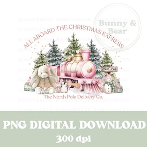 Tren expreso navideño con conejito rosa PNG, North Pole Delivery Co, diseño de saco de Papá Noel, sublimación de conejito navideño, descarga digital instantánea