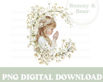 First Holy Communion Praying Girl Wreath PNG, Communion Sublimation Design, Praying Girl, Confirmation, Instant Digital Download