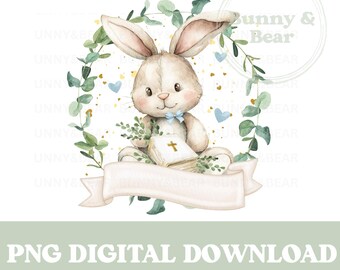 Lapin Bible Couronne d'eucalyptus PNG : modèle de baptême (téléchargement numérique)