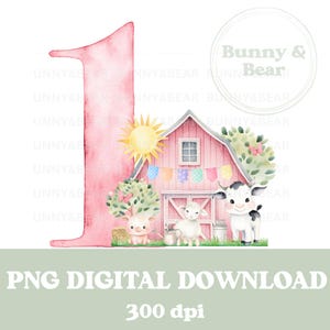Grange rose & animaux de la ferme numéro 1 PNG, conception de sublimation de tee d'anniversaire, 1er anniversaire de filles, sublimation de ferme rose, téléchargement numérique instantané