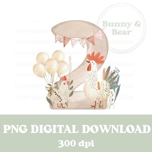 May include: A digital illustration featuring the number 2 decorated with a banner, balloons, and two chickens. The image has the text "PNG DIGITAL DOWNLOAD" and "300 dpi". The Bunny & Bear logo is in the upper right corner.