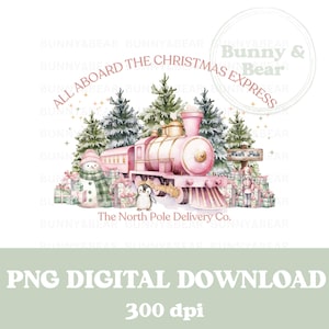 Tren Exprés Navideño Rosa PNG, North Pole Delivery Co, Diseño de Saco de Papá Noel, Muñeco de Nieve Rosa, Sublimación Navideña, Descarga Digital Instantánea