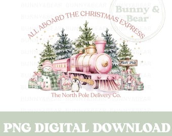 Pink Christmas Express Train PNG, North Pole Delivery Co, ontwerp kerstmanzak, roze sneeuwpop, kerstsublimatie, instant digitale download
