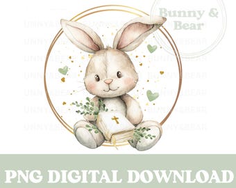 Bunny & Bible PNG: Eucalyptus Wreath, Christening Design (Digital Download)