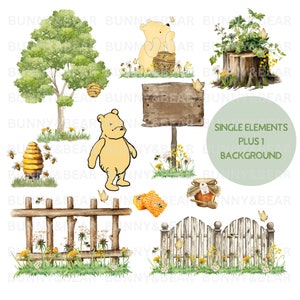 Klassieke Winnie de Poeh-clipartbundelset, PNG, Winnie Honey Bee & Woodland Elements, sublimatie, instant digitale download