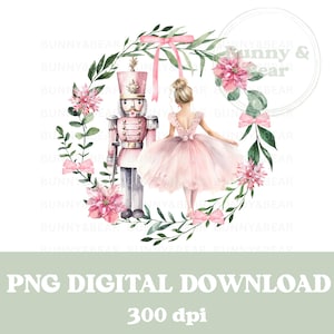 Könnte beinhalten: Eine Aquarell-Illustration eines Nussknackers und einer Ballerina, die in einem rosafarbenen und grünen Blumengirlanden stehen. Der Nussknacker trägt eine rot-goldene Uniform und die Ballerina trägt einen rosafarbenen Tutu.