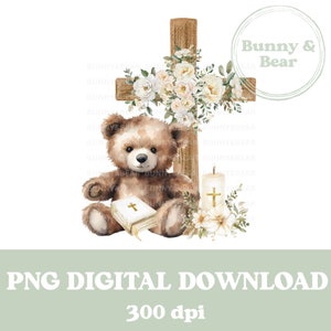 Orsetto di peluche croce floreale PNG, battesimo battesimo sublimazione design, design pasquale, simpatico orso bruno sublimazione, download digitale istantaneo