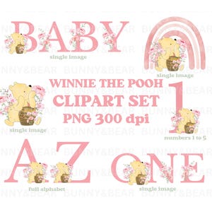 Paquete de imágenes prediseñadas clásicas de Winnie the Pooh, PNG, osito de Pooh con flores rosas, alfabeto de Winnie, números, sublimación de Pooh, descarga digital instantánea
