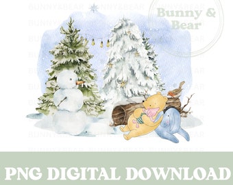 クラシックなくまのプーさんと仲間たちの冬の森の風景、PNG