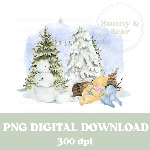 クラシックなくまのプーさんと仲間たちの冬の森の風景、PNG、プーさん