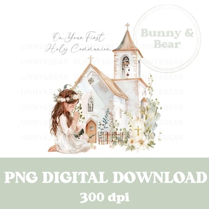Bei Ihrer ersten heiligen Kommunion betendes Mädchen & Kirche PNG, Kommunion Sublimationsdesign, betendes Mädchen, heilige Kommunion, sofortiger digitaler Download