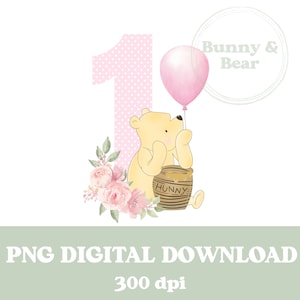 Diseño de sublimación de camiseta de cumpleaños con el número 1 de Winnie the Pooh y flores, primer cumpleaños de niña, osito Pooh, descarga digital instantánea