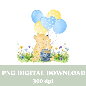 Globos azules clásicos de Winnie The Pooh, PNG, osito Pooh, baby shower, sublimación de Winnie The Pooh, flor silvestre, descarga digital instantánea