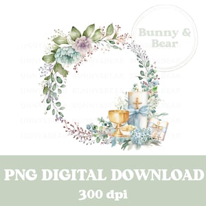 Couronne de fleurs bleue 1ère Communion PNG, Communion Sublimation Design, conception de cartes de communion, Clipart chrétien, téléchargement immédiat