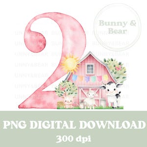 Roze schuur en boerderijdieren nummer 2 PNG, verjaardag Tee sublimatie ontwerp, meisjes 2e verjaardag, roze boerderij sublimatie, instant digitale download