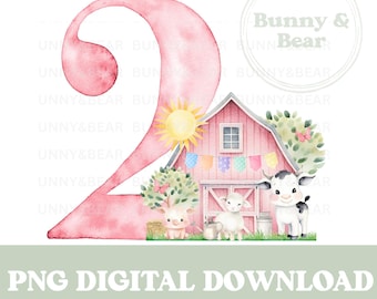 Pink Barn & Farm Animals Number 2 PNG, Birthday Tee Sublimation Design, Girls 2nd Birthday, Pink Farm Sublimation, Instant Digital Download