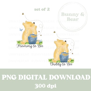 Klassieke Winnie de Poeh, png, mama aan bij, papa aan bij, tee-sublimatie, nieuwe baby, blauwe babyshower, sublimatie, instant digitale download
