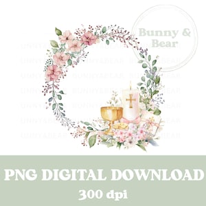 Couronne de fleurs rose 1ère Communion PNG, Sublimation de communion, conception de cartes de communion, clipart chrétien, téléchargement immédiat