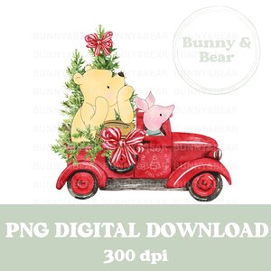 Camión navideño de Winnie the Pooh Piglet PNG, sublimación navideña, diseño de vacaciones de Pooh Bear, Winnie clásico, descarga digital instantánea