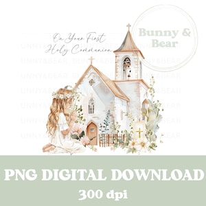 Bei Ihrer ersten heiligen Kommunion betendes Mädchen & Kirche PNG, Kommunion Sublimationsdesign, betendes Mädchen, heilige Kommunion, sofortiger digitaler Download