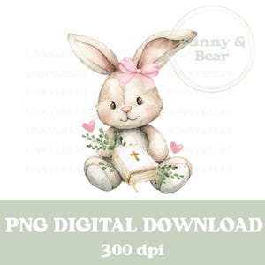 Coniglietto rosa e eucalipto della Bibbia in formato PNG, disegno per sublimazione del battesimo, design cristiano, sublimazione del coniglietto, download digitale istantaneo