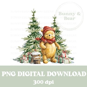 Scène de neige des bois classique de Winnie l'ourson, PNG, Noël de l'ourson, Sublimation de Winnie l'ourson, Noël, téléchargement immédiat