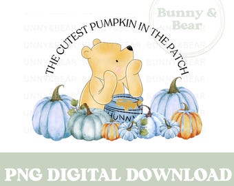 Klassieke Winnie de Poeh blauwe pompoen PNG, Pooh Bear, schattigste pompoen in de patch, herfst-herfstsublimatie, instant digitale download