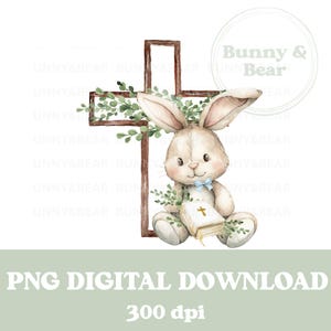 Lapin bleu eucalyptus croix PNG, baptême baptême sublimation design, design chrétien, sublimation de lapin, téléchargement immédiat