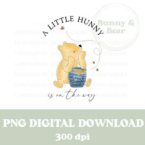 Klassieke Winnie de Poeh, A Little Hunny is onderweg, PNG, Pooh Bear, nieuwe baby, blauwe babyshower, sublimatie, instant digitale download