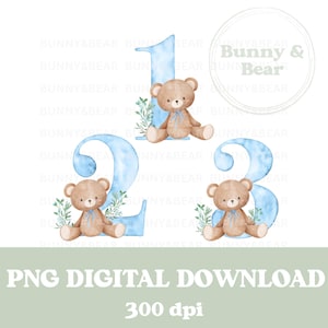 Conjunto de 3 osos de cumpleaños azules de 1, 2 y 3 años PNG, sublimación de osos, diseño de camisetas de cumpleaños, diseño de tarjetas, clipart de osos, descarga digital instantánea