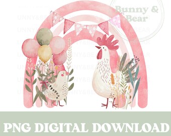 May include: A watercolor illustration featuring a pink rainbow, balloons, and floral elements. Two chickens are positioned on either side of the rainbow. The text "PNG DIGITAL DOWNLOAD" and "300 dpi" are at the bottom.