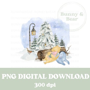 Escena clásica de bosque nevado de Winnie y sus amigos, PNG, osito Pooh 1.ª Navidad, sublimación de Winnie The Pooh, descarga digital instantánea