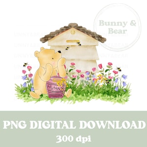 Klassieke Winnie The Pooh & Bee Hive, PNG, Pooh Bear, babyshower, Winnie the Pooh-sublimatie, roze wilde bloemen, instant digitale download