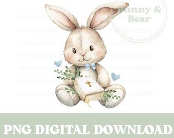 Baptême du lapin PNG : Bible et design eucalyptus (téléchargement numérique)