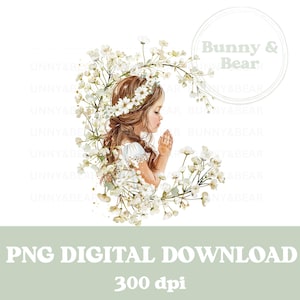 Erste heilige Kommunion betender Mädchenkranz PNG, Kommunion-Sublimationsdesign, betendes Mädchen, Konfirmation, sofortiger digitaler Download