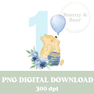 Winnie l'ourson classique et fleurs numéro 1 PNG, t-shirt d'anniversaire en sublimation, premier anniversaire des garçons, ourson, téléchargement immédiat
