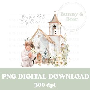 Lors de votre première communion, garçon en prière et église PNG, conception de sublimation de communion, garçon en prière, communion, téléchargement immédiat