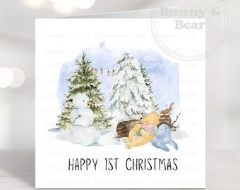 クラシックなくまのプーさんと仲間たちの冬の森の風景、PNG