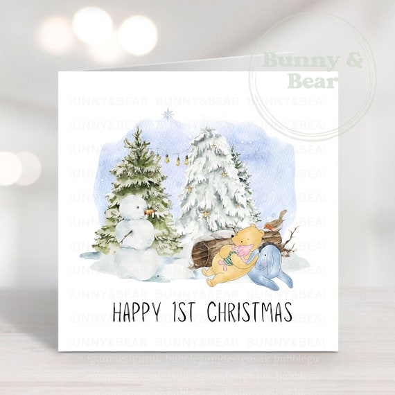 クラシックなくまのプーさんと仲間たちの冬の森の風景、PNG