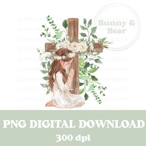 Cruz de Primeira Comunhão e Menina Orando PNG, Design de Sublimação de Primeira Comunhão para Meninas, Menina Orando, Confirmação, Download Digital Instantâneo