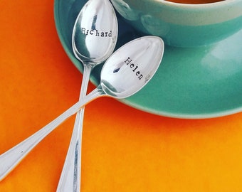 Mr Mrs, bride groom, names. Wedding, engagement, new house gift. Pair of teaspoons. Handstamped personalised Vintage Silver Plated upcycled.